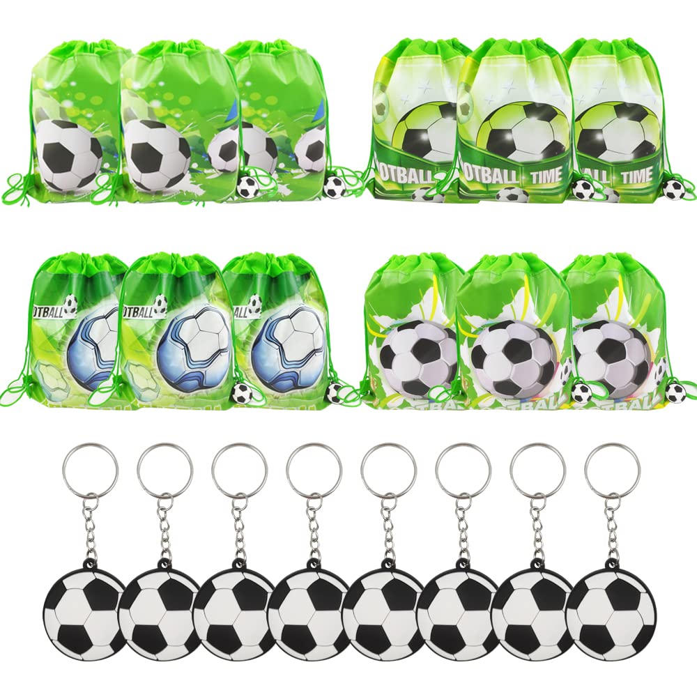 Minsing 12 Packs Soccer Drawstring Birthday Party Favor Goodie Bags, Sport Theme Party Supplies Bag, Gift Package with 12 Pendants