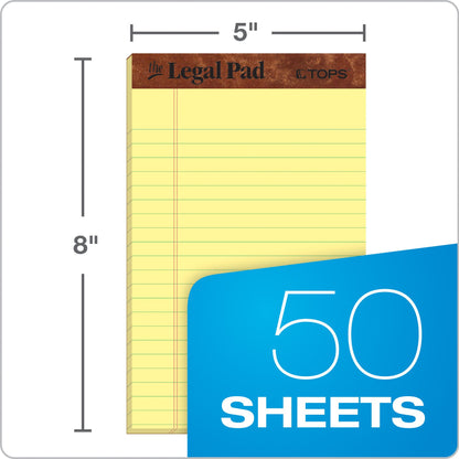 Tops Notebooks, The Legal Pad, Jr. Legal Ruled, 5 x 8 Inch, Canary, 50 Sheets per Pad, 12-Pack, Perforated Pages, for Office, Legal or On-The-Go Notes