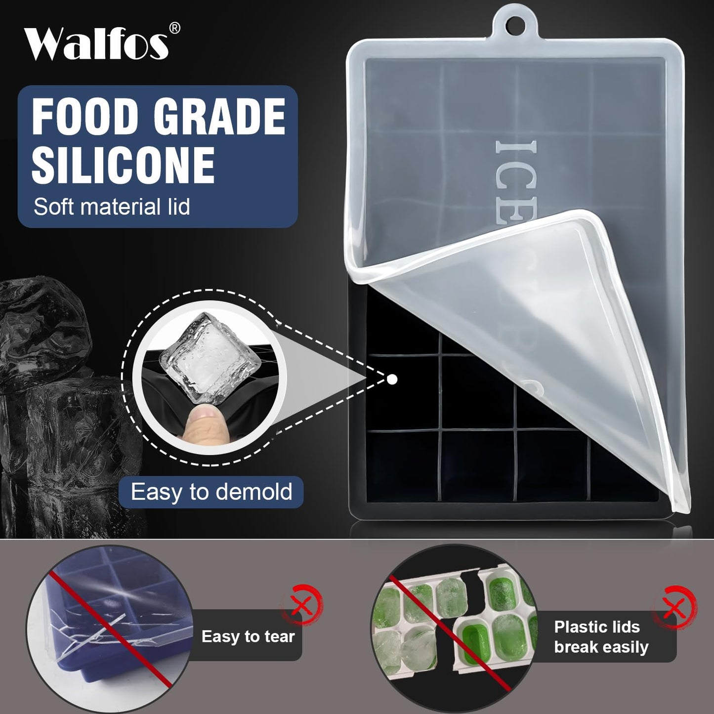 Silicone Ice Cube Tray with Lids, Walfos 3 Pack 72 Cubes Silicone Ice Cube Molds, Flexible and Easy Release, BPA Free and Dishwasher Safe, Perfect for Cocktail, Whiskey, Chocolate