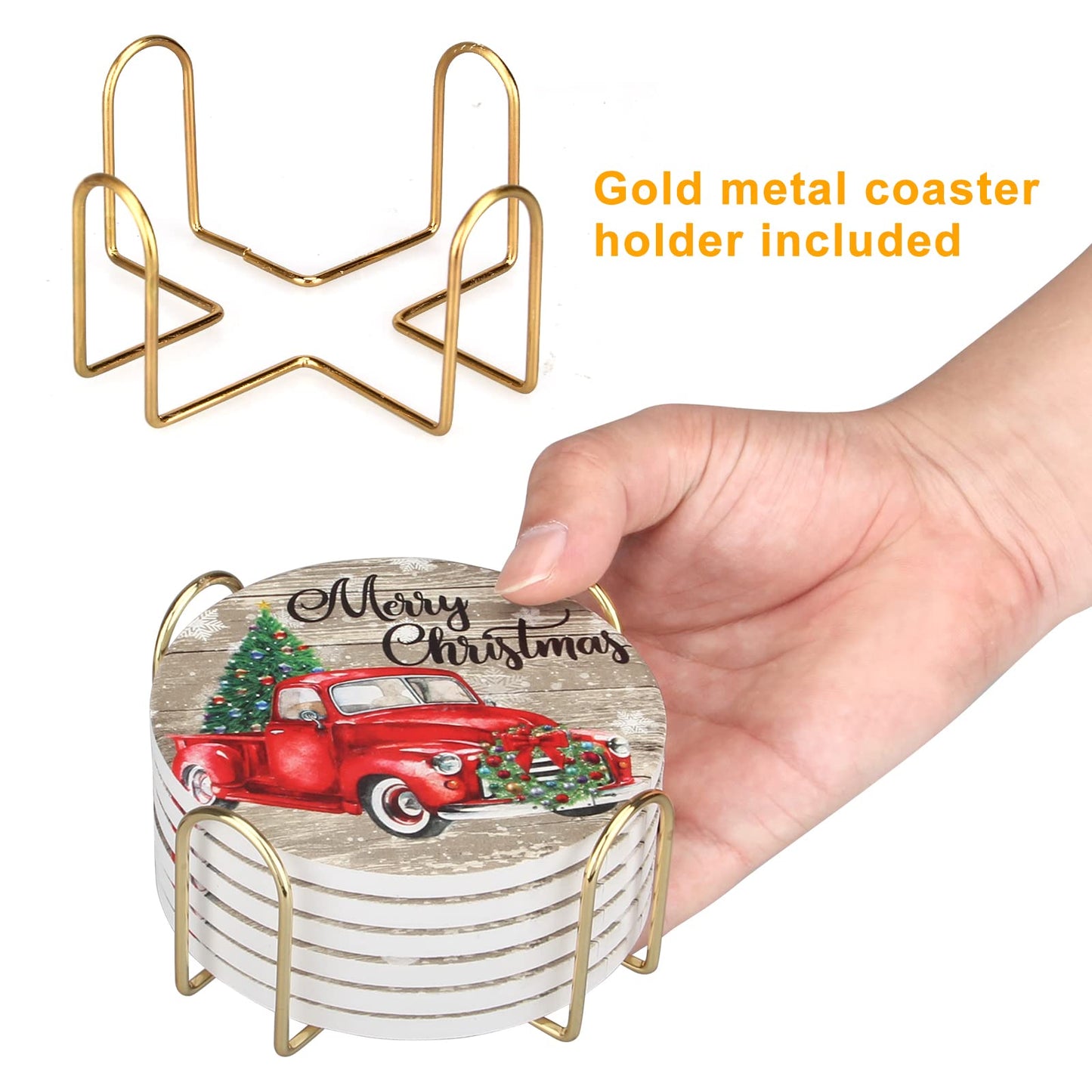 6 Pcs Red Truck Christmas Coasters with Holder Best Absorbent Ceramic Coasters Set Round Vintage Drink Christmas Coasters Gift Xmas Holiday Coffee Cup Coasters Cool Cup Coaster Table Coasters