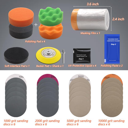 VIBRATITE Car Headlight Restoration Kit, Headlight Lens Cleaner and Restorer, 3 Inch Car Polishing Sanding Kit with 1/4 Inch Shank Backing Pad, Drill Buffing Sponge Pads, Soft Interface Pad, 37PCS