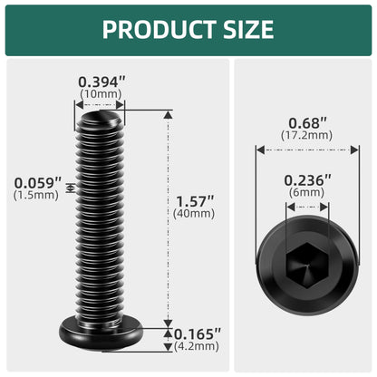 EASTPUK 20Pcs M10-1.5 x 40mm Flat Head Socket Cap Screws Bolts 304 Stainless Steel Black Zinc Plated Furniture Bolts, Fully Threaded M10 Bolt with Hex Spanner
