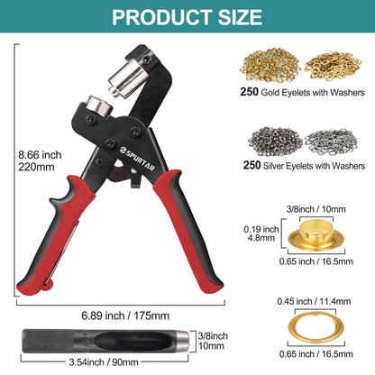 Spurtar Grommet Tool Kit 3/8'' Handheld Grommet Kit Magnetic Eyelet Tool with 10mm Hollow Punch and 500pcs Eyelets for Leather Fabric Belt Tarp Tent Bag Curtain Cardboard