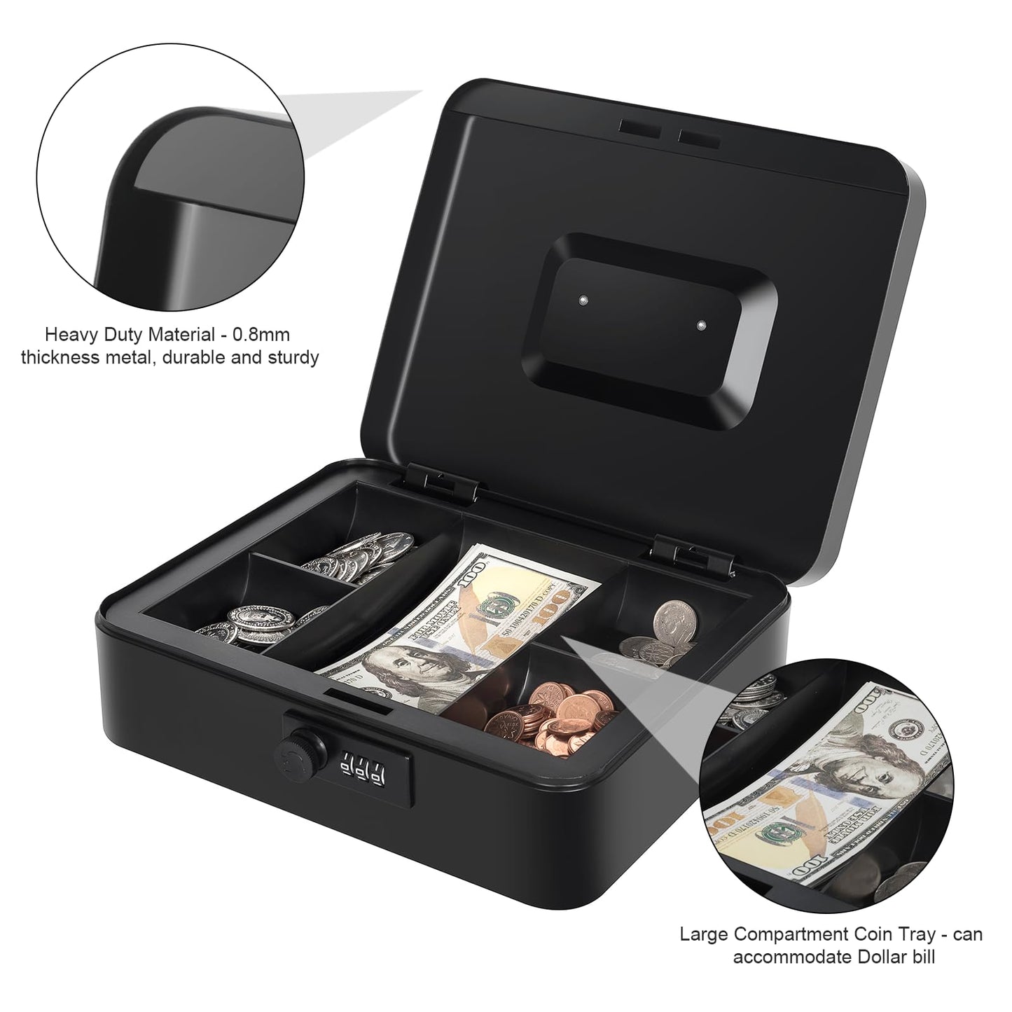 Cash Box with Money Tray and Combination Lock, Metal Money Box for Cash Petty Cash Lock Box for Money Safe 9.84" x 7.87" x 3.54" Black
