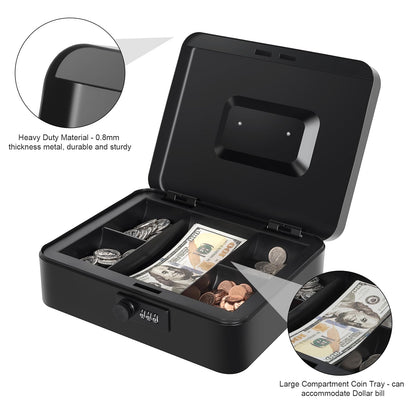 Cash Box with Money Tray and Combination Lock, Metal Money Box for Cash Petty Cash Lock Box for Money Safe 9.84" x 7.87" x 3.54" Black