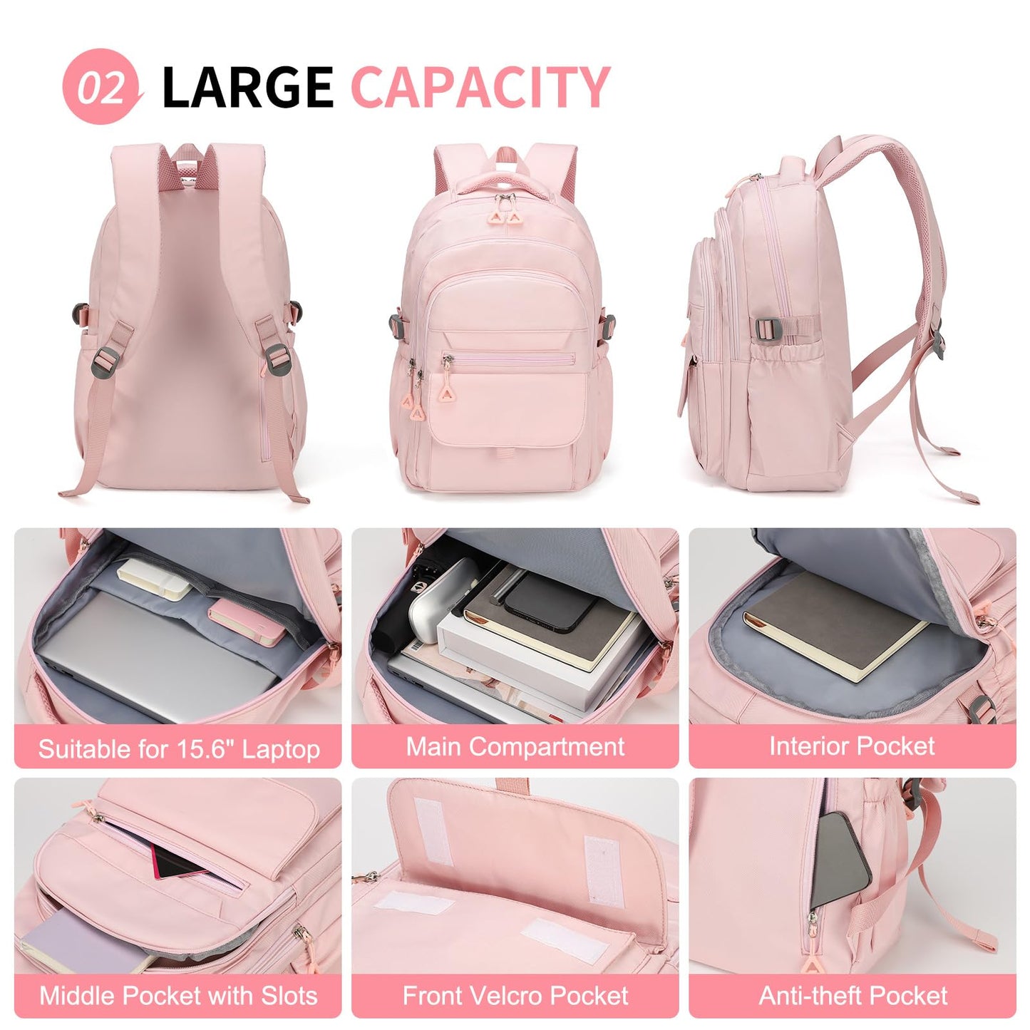 SUIKIHUM Aesthetic Daypack Backpack, Water-Resistant 15.6" Laptop Backpack for Women and Men, Featuring Touch-Fastener and Anti-Theft Pockets (Pink)