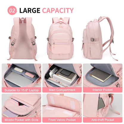 SUIKIHUM Aesthetic Daypack Backpack, Water-Resistant 15.6" Laptop Backpack for Women and Men, Featuring Touch-Fastener and Anti-Theft Pockets (Pink)