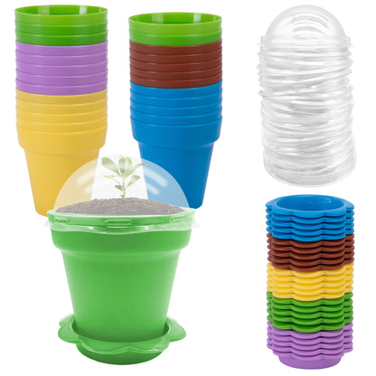 25 Packs Cupcake Plant Nursery Pots with Humidity Dome - 3" Flower Pots with with Lids & Trays - Planting Containers Cups for Indoor Outdoor Plant Succulent Display (Mixed Color)