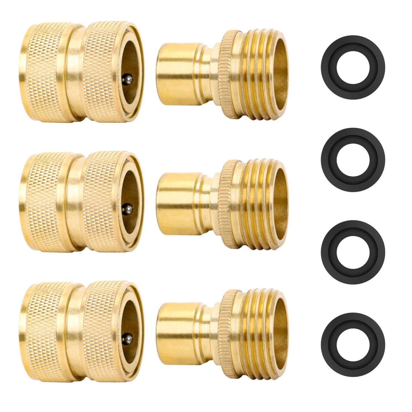 STYDDI Brass Full Flow Garden Hose Quick Release Connect Adaptor Fitting - Full Port Outdoor Water Quick Disconnect Connector Coupler With Male and Female - 3 Sets, 4 Washers