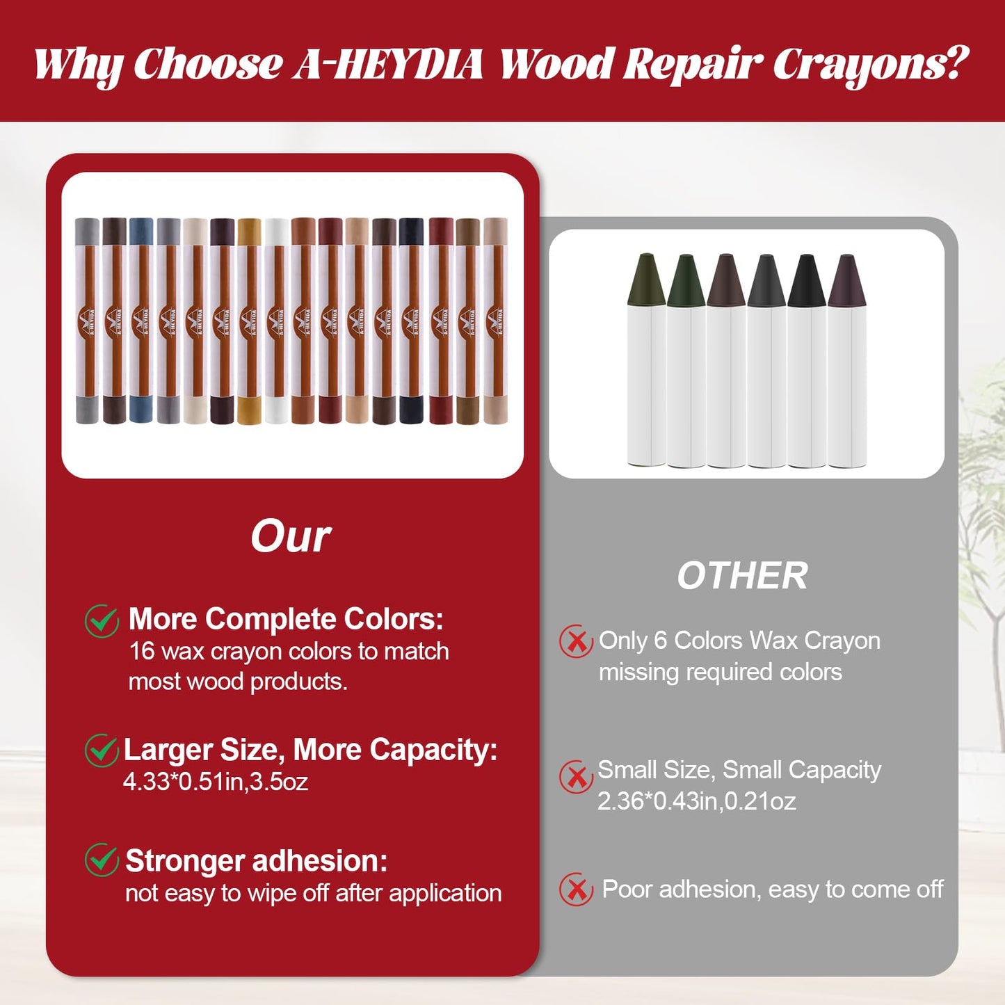 Wood Filler Sticks - Wood Furniture Wax Crayons 16 Colors, Hardwood Floor Scratch Repair Wax Filler Sticks, Touch Up Wax Sticks Repair Kit for Scratches, Scuffs, Cracks, and Nail Holes on Wooden Furniture, Floors, Cabinets, Tables