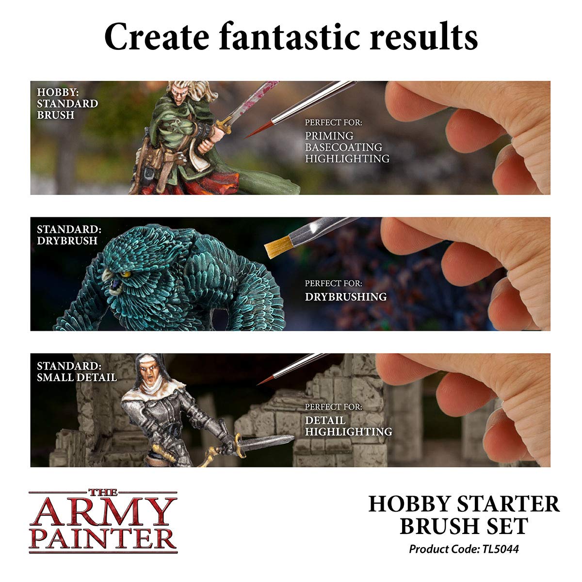 The Army Painter, Hobby Starter Brush Set, 3 Paint Brushes for Acrylic Paint incl. Drybrush, Detail & Standard Size - Model Brush for Miniature Fantasy Painting