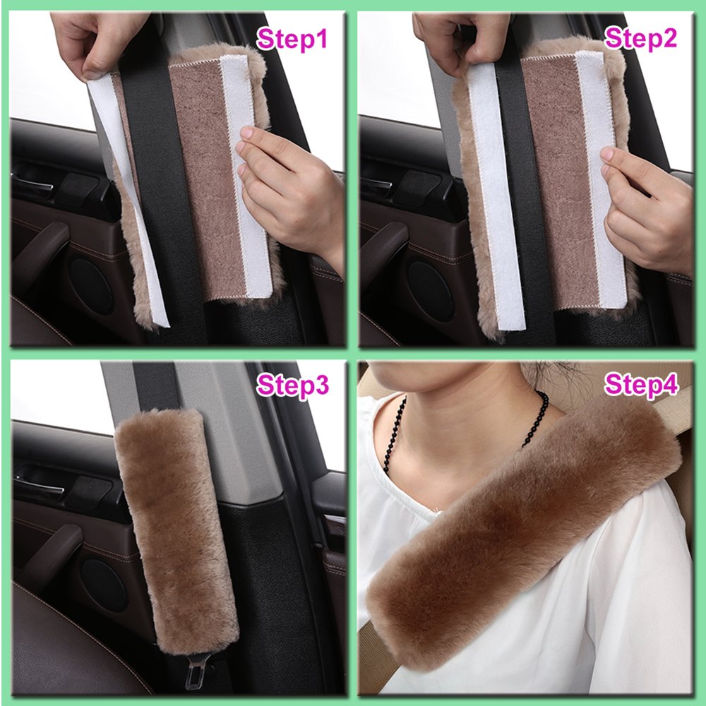 2 Pack Automotive Authentic Sheepskin Car Seat Belt Pads, Soft Shoulder Pad, Neck Cushion Protector, Genuine Natural Merino Wool (Black)