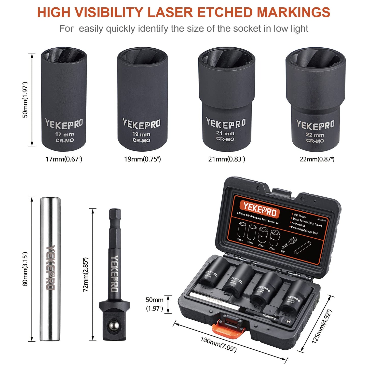 YEKEPRO 6 PCS Lug Nut Removal Tool, 1/2-inch Drive Impact Twist Socket Set & Bolt Extractor Set, Wheel Lock Removal Kit for Removing Damaged, Frozen, Rusted, Nuts & Screws, Cr-Mo Steel, T12206