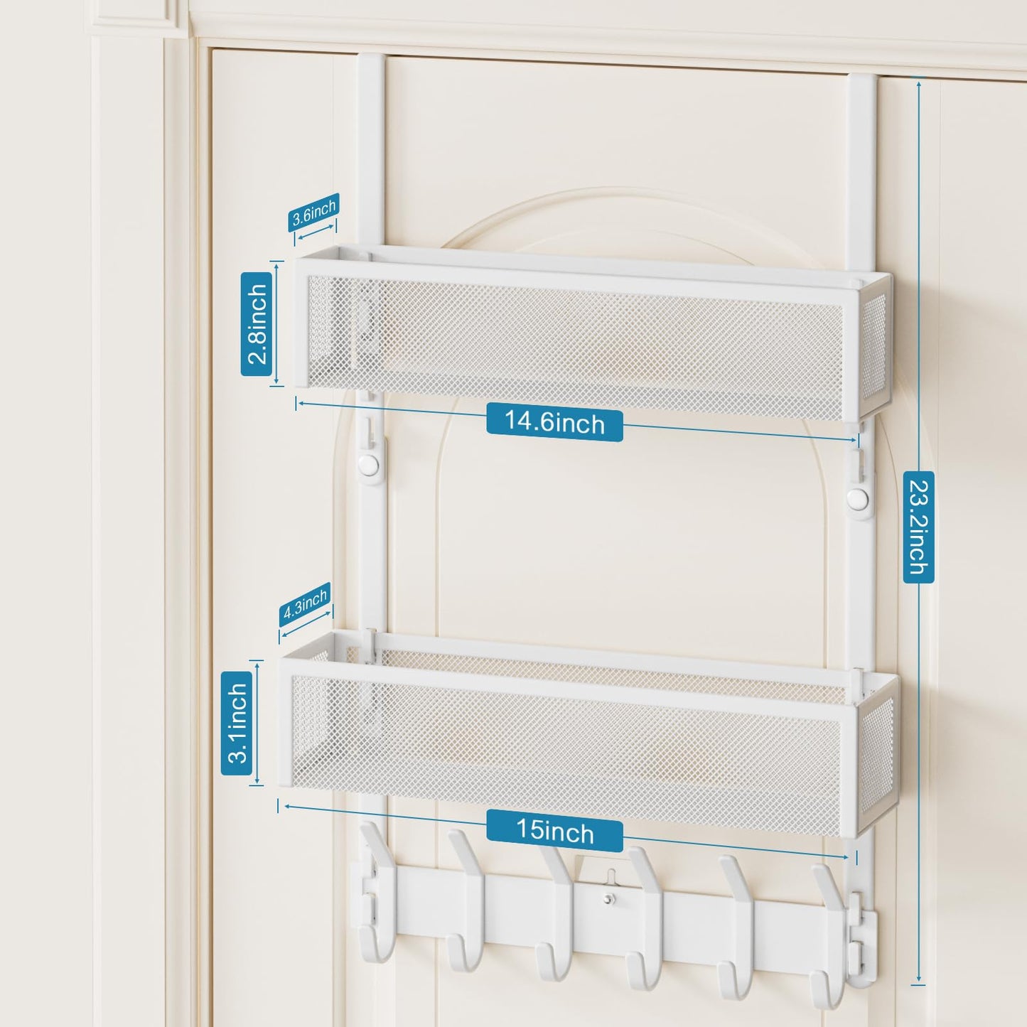 Aimeaihe Over The Door Hooks Organizer, 12 Coat Hooks & 2 Mesh Baskets, Over Door Organizer for Bathroom, Bedroom, Kitchen, Door Storage Hanging Bags, Hats, Purses, Coats White