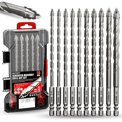 Upgraded Masonry Drill Bit Set 6''(152mm) Length,Serrated Concrete Drill bit Set - (3/16"-1/2") 10-Piece Professional Carbide Drill Bits for Concrete, Tile, Brick, Glass, Ceramic, Wood, and Plastic