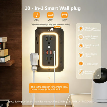 Wall Outlet Extender with Night Light, Power Plug Adapter 6 Outlet Extender with 4 USB Charging Ports（2 USB C）,1050J Power Strip Multi Plug Adapter Spaced for Home Office Travel-Black