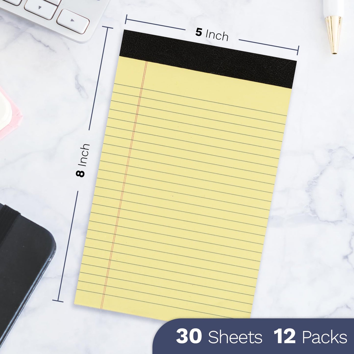 12 Pack Yellow Note Pads 5x8, Small Legalpads 5x8 Yellow for Office, Goefun Perforated College Ruled Writing Pads - 30 Sheets Samll Notepad