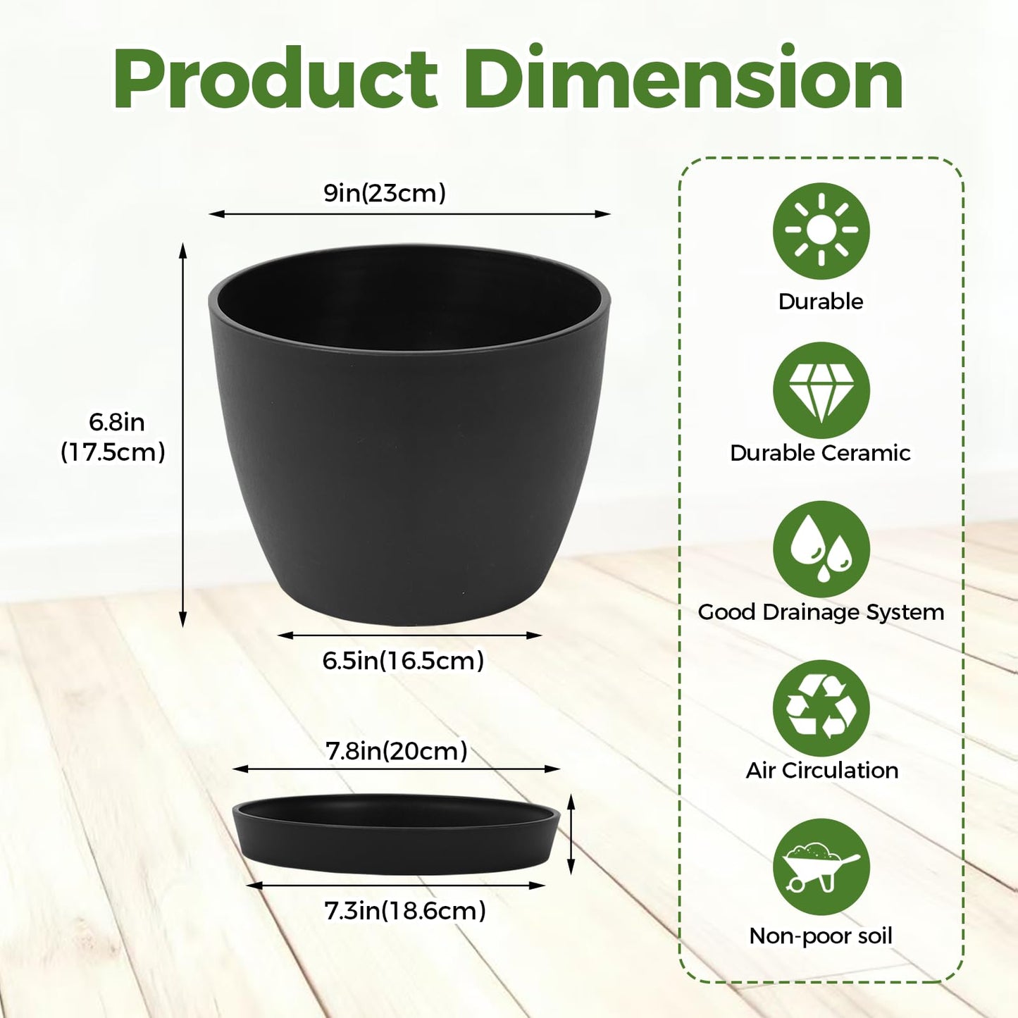 Bamworld 9 Inch Round Plastic Planter Pot with Drainage Holes, Modern Indoor Outdoor Planters for Succulents Flowers Small Plants, Garden Decor (Black)