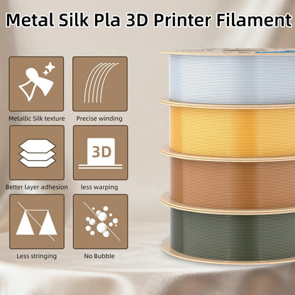 3DHoJor Silk PLA Filament 1.75mm, PLA Filament 1.75mm Silk Shiny 3D Printer Filament, 1kg Cardboard Spool (2.2lbs), Dimensional Accuracy +/- 0.03 mm, Fit Most FDM Printer(Metal Silver)