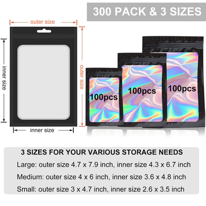 300 Pack 3 Sizes Resealable Mylar Holographic Bags Food Storage Smell Proof Bags with Front Window Packaging Pouch for Sample Snack Cookies Jewelry (Black, 3 x 4.7 inch,4 x 6 inch,4.7 x 7.9 inch)