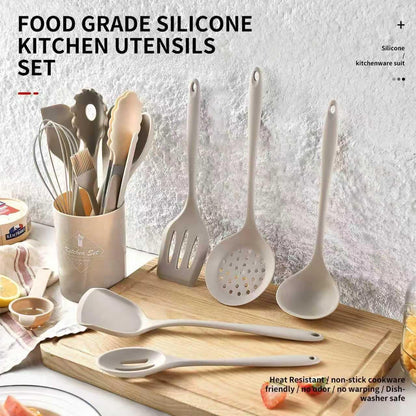 15-Piece Silicone Cooking Utensil Set Non-Stick Includes a Whisk Tongs Spoon and Other Cooking Tools BPA-Free Machine Washable Heat Resistant Up to 220°C (428°F) (Khaki). (15pcs)