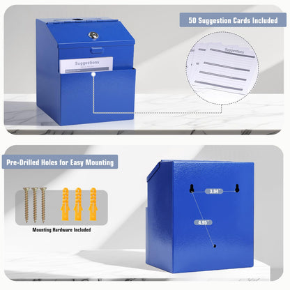 Suggestion Box with Slot and Lock & 50 Suggestion Sheets Wall Mounted Donation Box with Lock Steel Blue