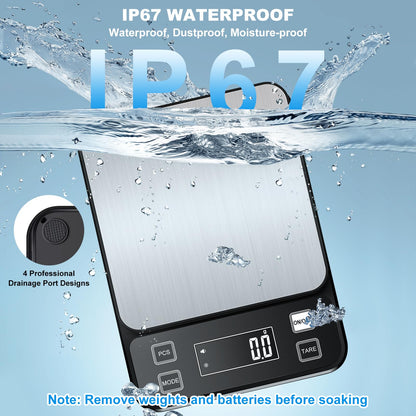 Rechargeable Food Scale, [0.1g-10kg/22lb] Diyife IP67 Full Waterproof Kitchen Scale with Adjustable LCD Display, 10 Units, Tare, PCS Counting, Auto Off, 304 Stainless Steel, Wall Mount for Cooking
