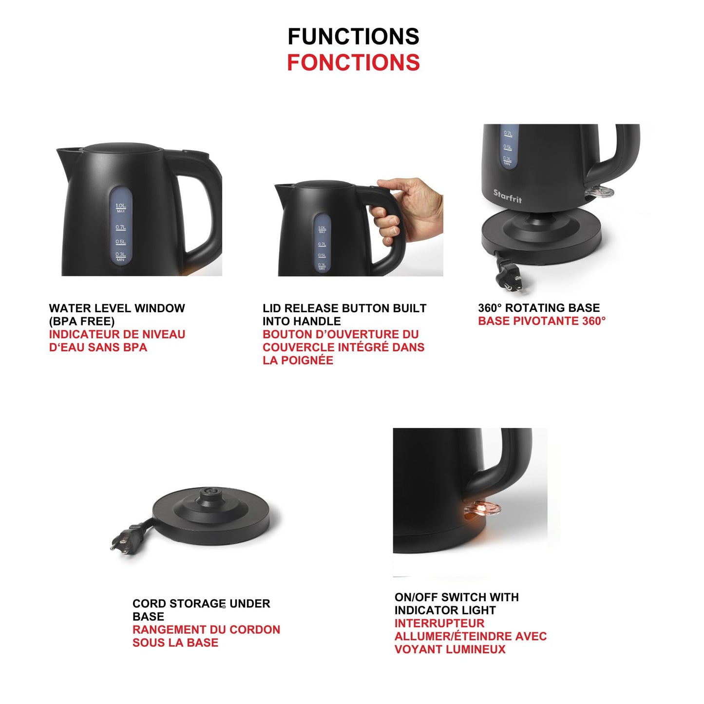 Starfrit Alston Electric Plastic Kettle - 1L Capacity - Water Level Indicator - Automatic Shut-Off - 1500W - Black Matte