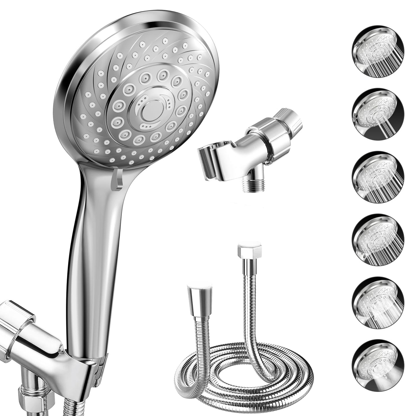 VEHHE 6 Spray Modes Handheld Shower Head Saving Water, Bright Shower Head with Anti-Clog Nozzles and Anti-Leak, Shower Head with Hose 1.5M and Adjustable Universal Bracket∣Silver