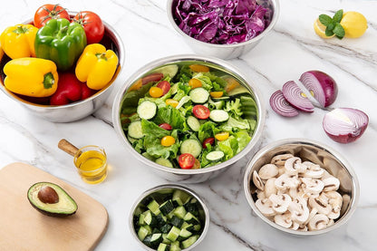 Abizarch Stainless Steel Mixing Bowls Set of 5, Small Metal Mixing Bowl for Kitchen Baking, Prepping, Cooking and Serving, Salad,Vegetables, Sizes 9.4“ 8.6“ 7.8” 6.3“ 5.5” (Lid not Included)