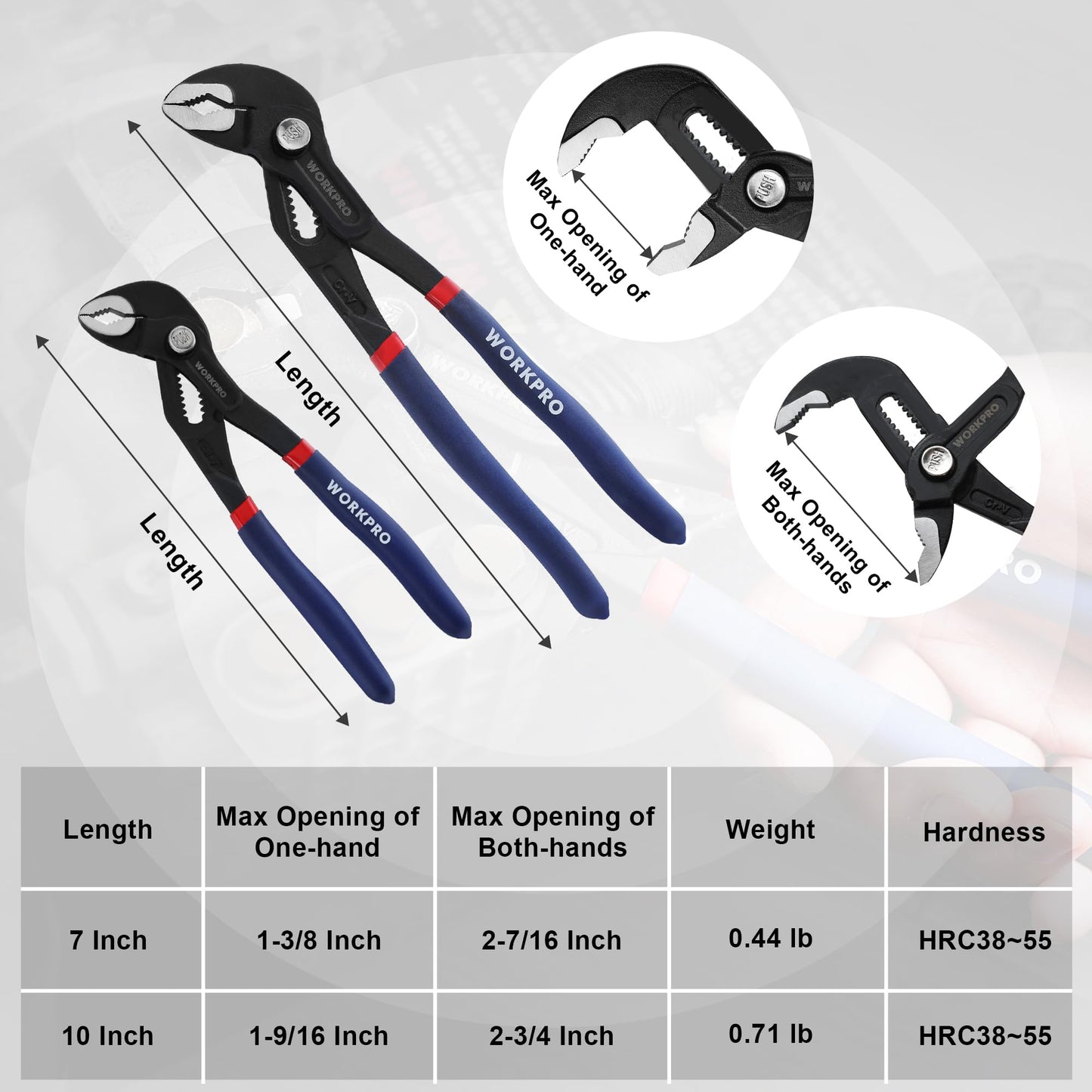 WORKPRO 2 Piece Groove Joint Pliers Set, 7 & 10-Inch Fast Adjustable Water Pump Pliers, V-Jaw Tongue and Groove Pliers in CRV Steel