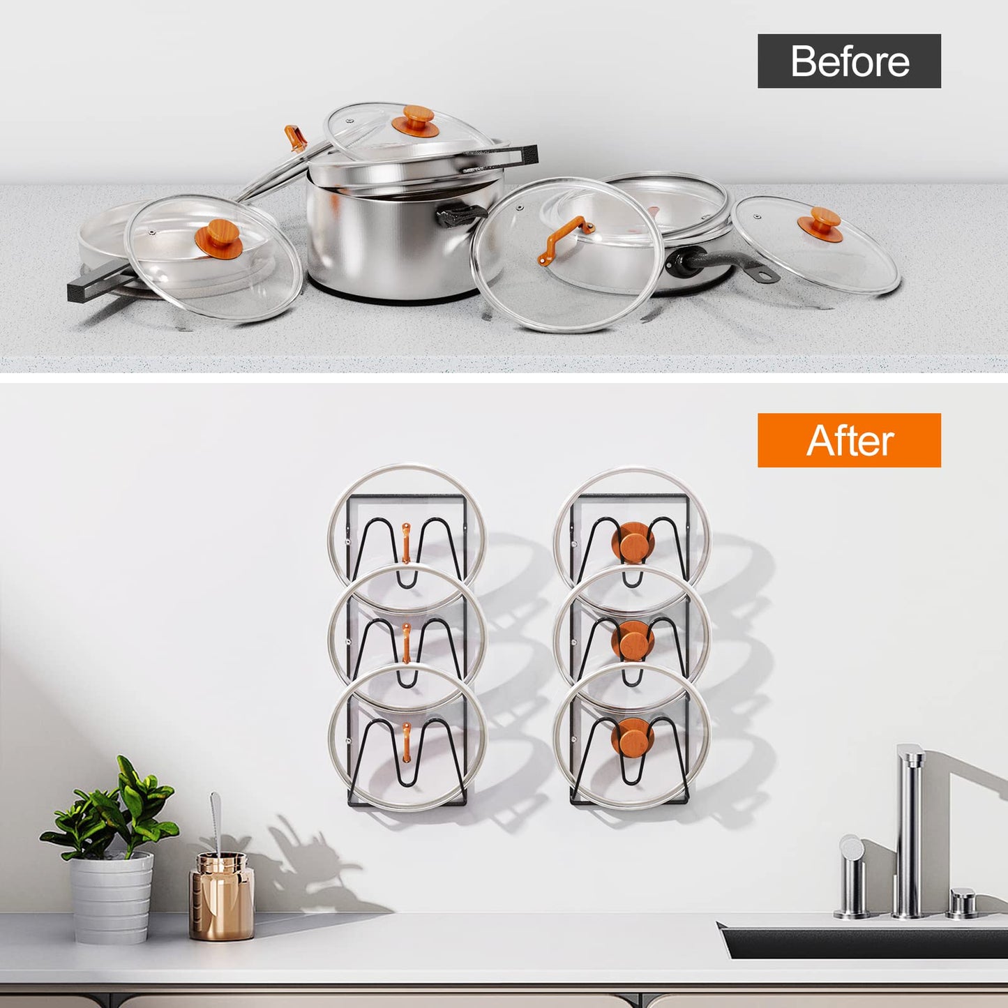 2 Pack Pot Lid Organizer Rack, 6-Tier Pot Lids Holder for Cabinet Door/Wall, No Drilling Adhesive Wall/Door Mounted Rustproof Pot And Pan Cover For Kitchen Storage, Classic Black