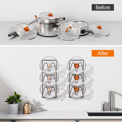 2 Pack Pot Lid Organizer Rack, 6-Tier Pot Lids Holder for Cabinet Door/Wall, No Drilling Adhesive Wall/Door Mounted Rustproof Pot And Pan Cover For Kitchen Storage, Classic Black