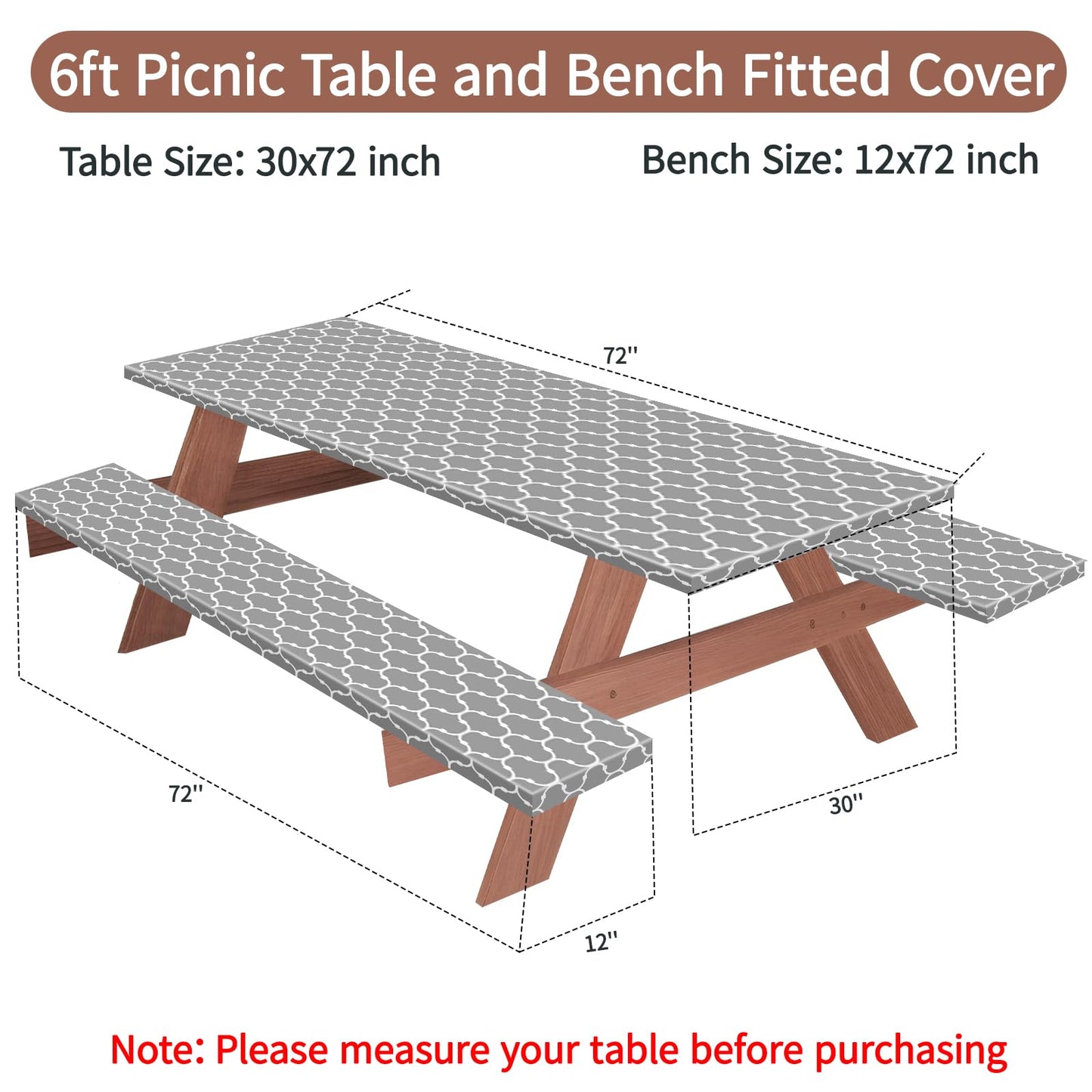 3 PCS Picnic Table Cover with Bench Covers Waterproof Camping Tablecloth Flannel Backing Elastic Edge Wipeable Plastic Cover Vinyl Tablecover Fitted 30''x72'' Rectangle Tables (Grey Moroccan, 6 FT)