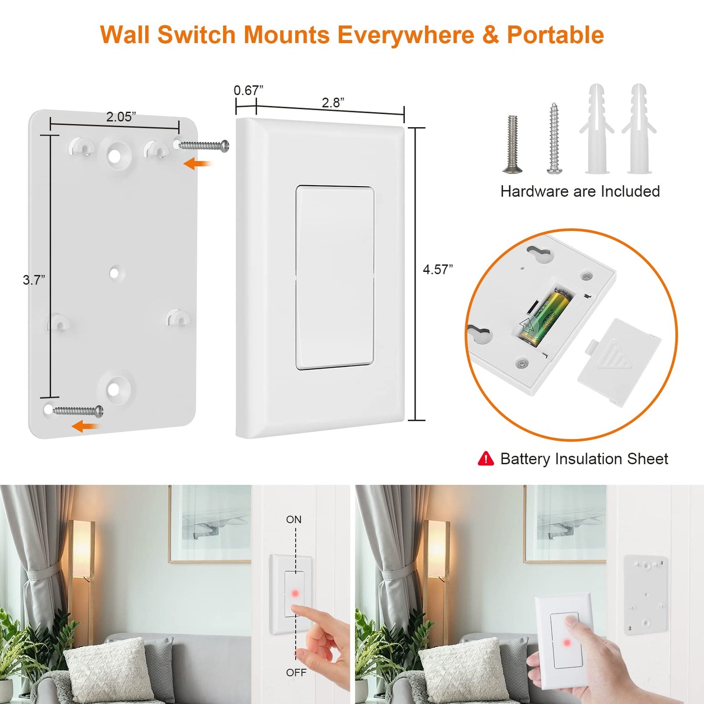 Suraielec Remote Control Light Bulb Socket, Wall Mount Switch, E26 E27 Lamp Socket, No Wiring, 100FT Range, Wireless Light Switch for Lamps, Pull Chain Light Fixture, Pull String (Shorter Version)