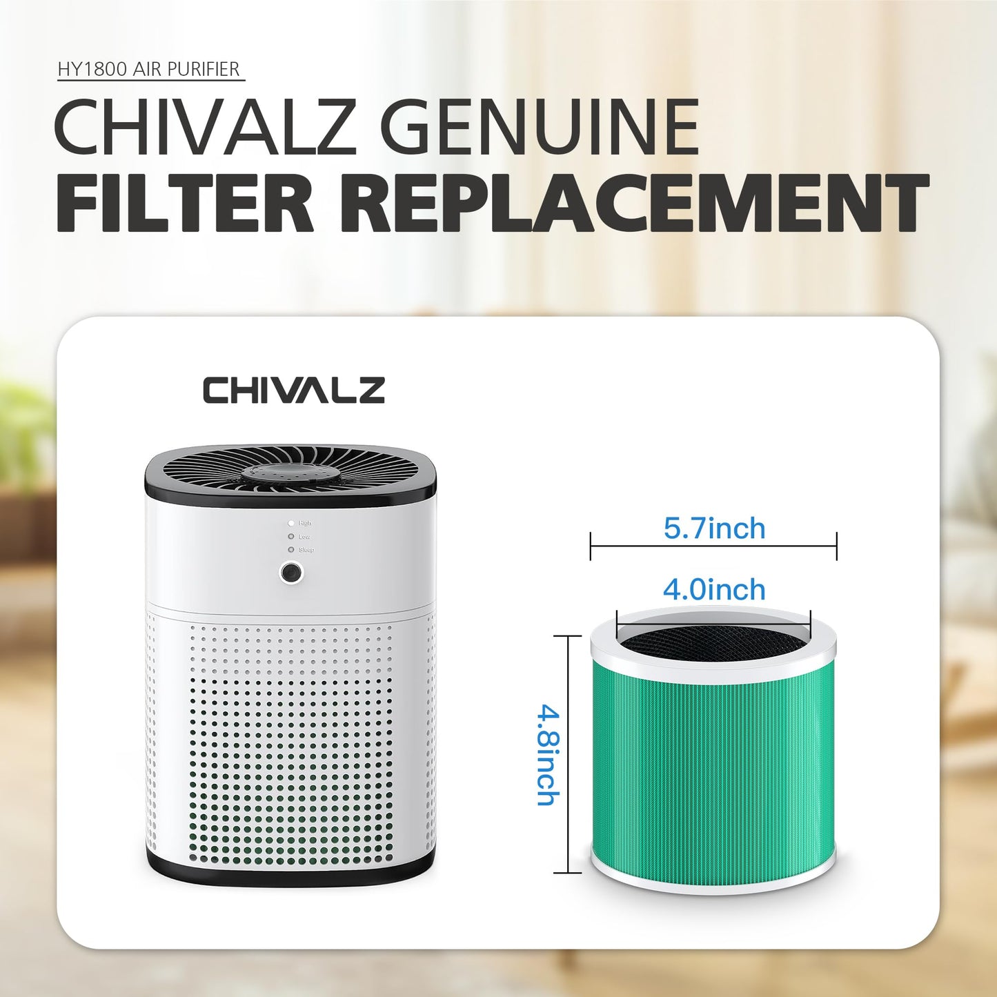 CHIVALZ Genuine HY1800 Air Purifier Replacement Filter, 3-in-1 Filtration, High-Efficiency Activated Carbon, True HEPA 13 Filter (2 Pack)