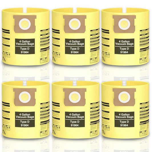 6 Pack 91964 Shop Vac Bags Type D High Effiency Vacuum Filter Bags, Compatible with Shop Vac 4 Gallon Wet/Dry Vacs, part # 9196400 9196433