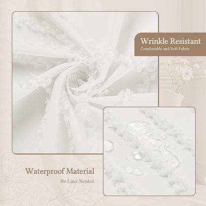 White Boho Farmhouse Shower Curtain Fabric for Bathroom-Hotel Spa Grade, Textured Polyester Waterproof Cloth Curtains-Includes 12 Double-Sided Hooks, 72x72 Inches