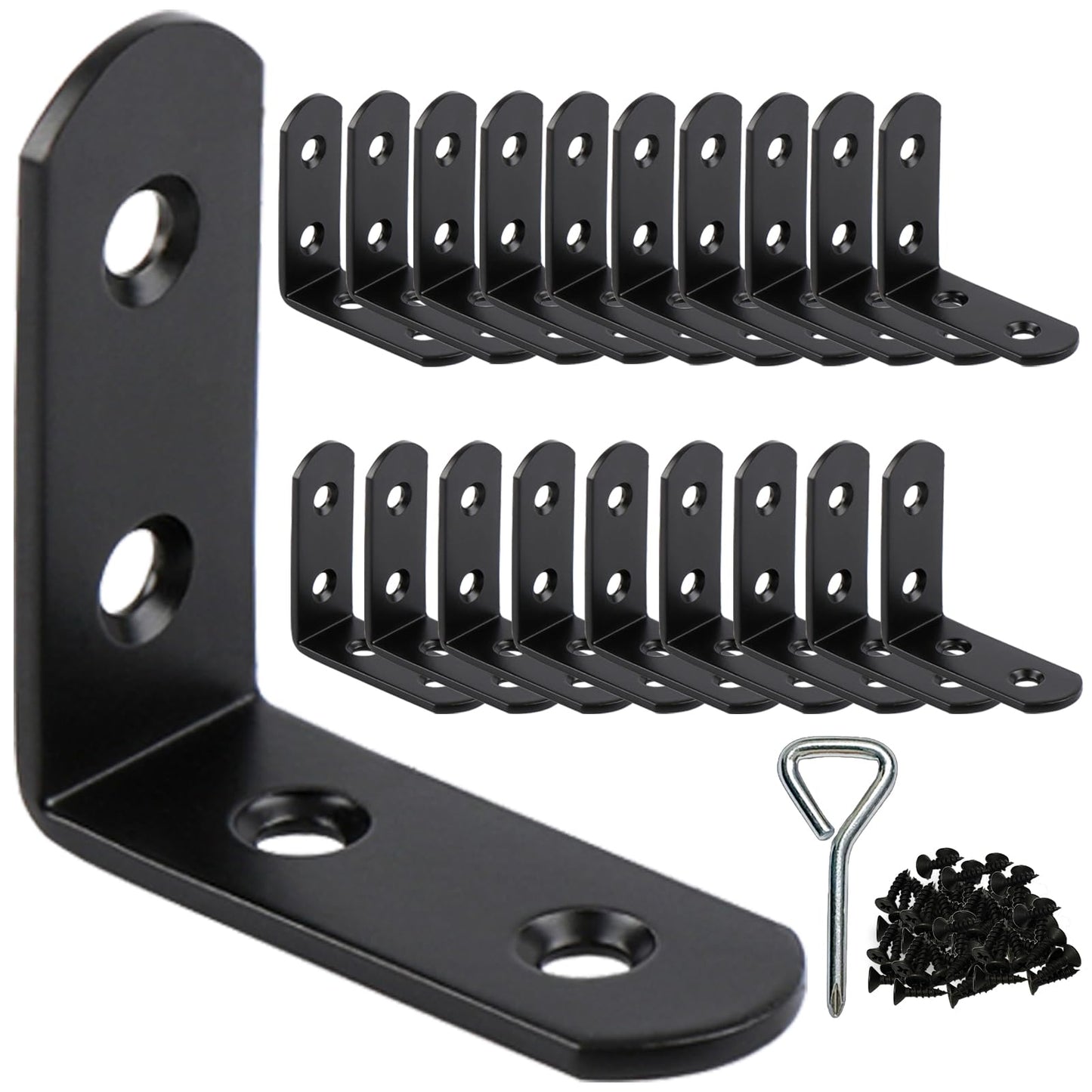 2 Inch (50mm) L Brackets for Wood Shelves Corner Brace 20 Pack- Reinforced Corner Braces - Black Heavy Duty Steel Shelf Brackets for Furniture/ DIY Home Improvement