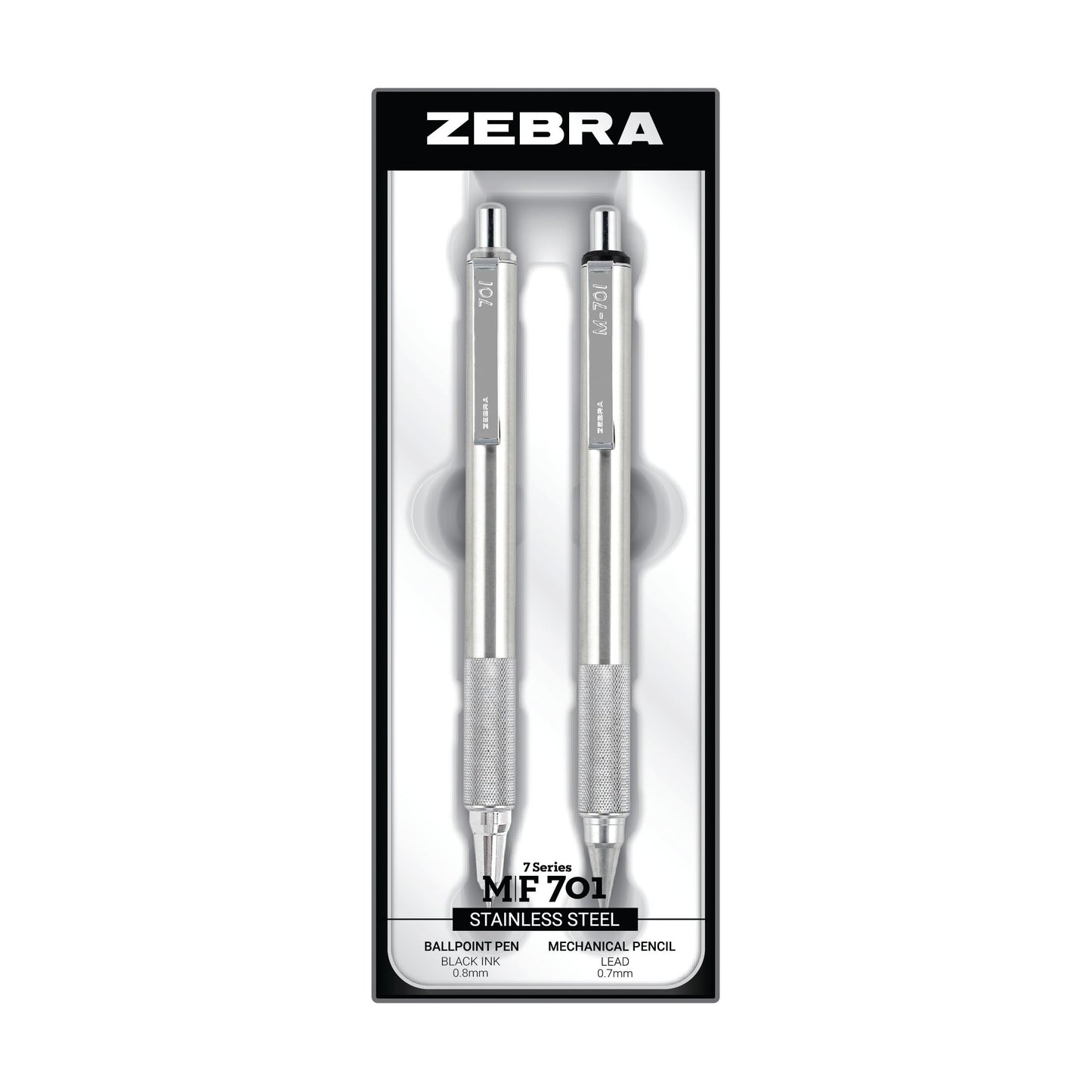 Zebra Pen M/F 701 Stainless Steel Mechanical Pencil and Ballpoint Pen Set, Fine Point, HB Lead and Black Ink, Ideal for Tactical Use, 2-Pack Gift Set (10519)