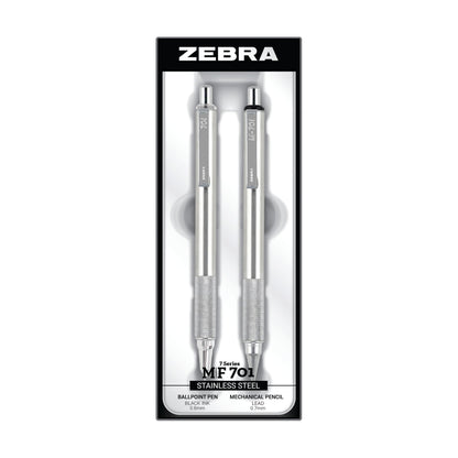 Zebra Pen M/F 701 Stainless Steel Mechanical Pencil and Ballpoint Pen Set, Fine Point, HB Lead and Black Ink, Ideal for Tactical Use, 2-Pack Gift Set (10519)