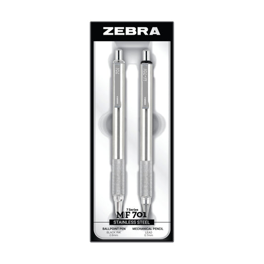 Zebra Pen M/F 701 Stainless Steel Mechanical Pencil and Ballpoint Pen Set, Fine Point, HB Lead and Black Ink, Ideal for Tactical Use, 2-Pack Gift Set (10519)