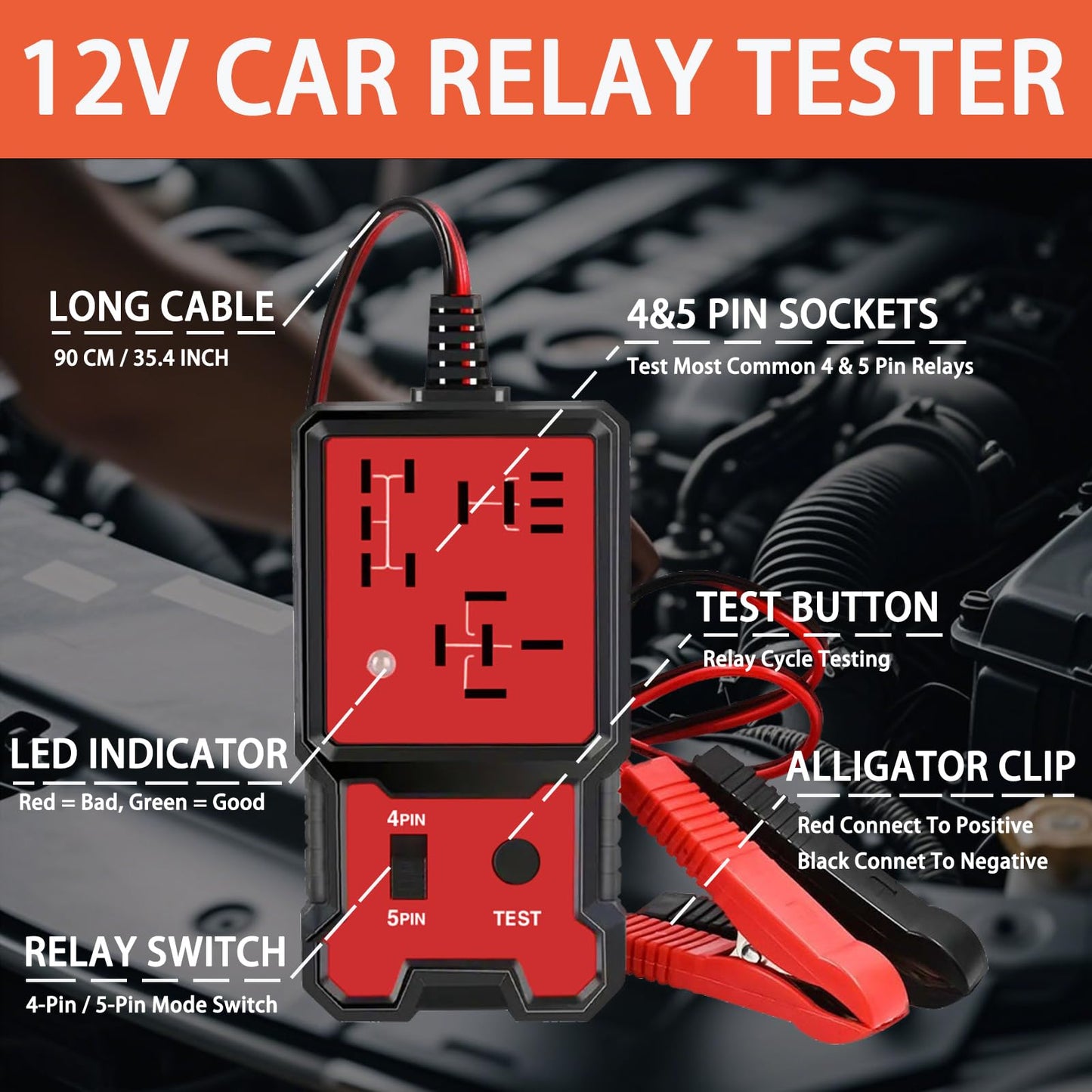 Automotive Relay Tester with Relay Puller - 12V Car Relay Tester Diagnostic Tool, Handheld 4 & 5 Pin Auto Relay Testing Kit, Car Battery Relay Detector Checker with Battery Clips for Auto Repair