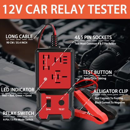 Automotive Relay Tester with Relay Puller - 12V Car Relay Tester Diagnostic Tool, Handheld 4 & 5 Pin Auto Relay Testing Kit, Car Battery Relay Detector Checker with Battery Clips for Auto Repair