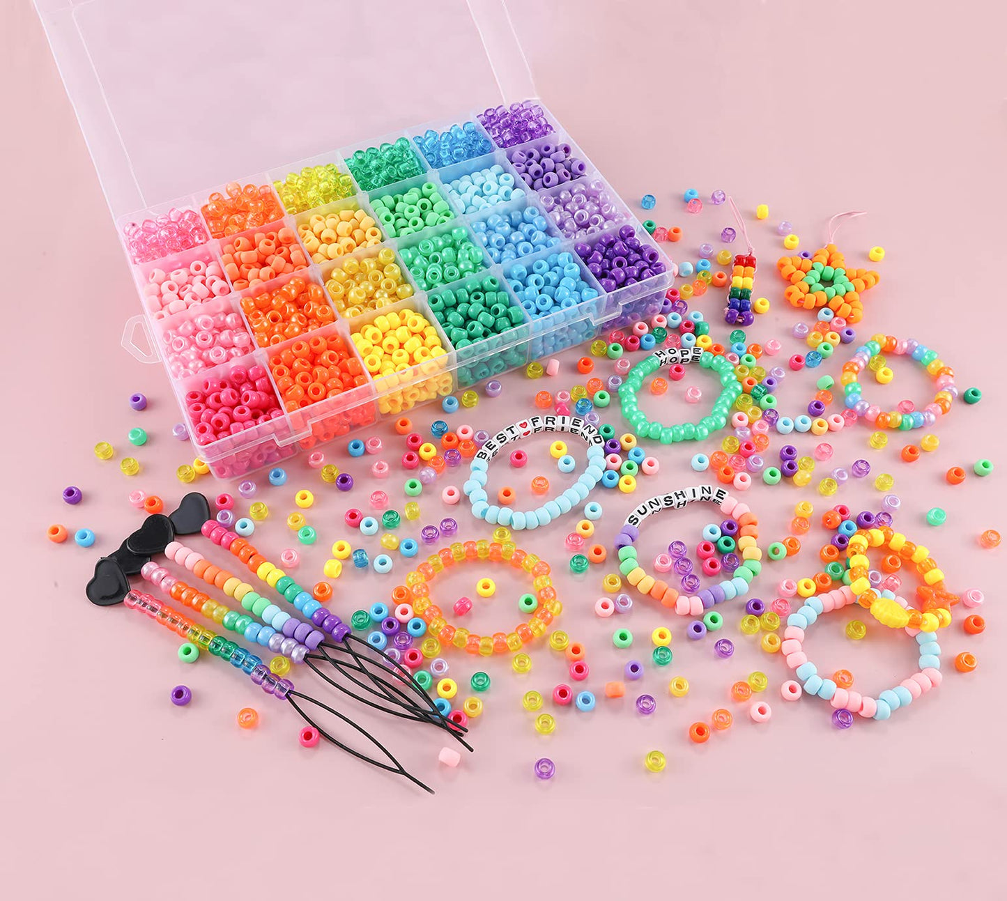 3500+ pcs Rainbow Pony Beads for Jewelry Making, Hair Beads for Braids, Bracelet Making Kit, Assorted Kandi Beads Kit with Letter and Heart Beads Hair Beader Tool Scissors Elastic String
