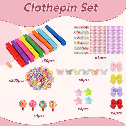 50 Set Cheer Pins Spirit Clips, Wooden Clothespins DIY Cheerleader Clips with Mini Resin Charms and Letter Beads for Backpacks & Classroom Crafts, Cheer Gifts Bulk for Team Girl