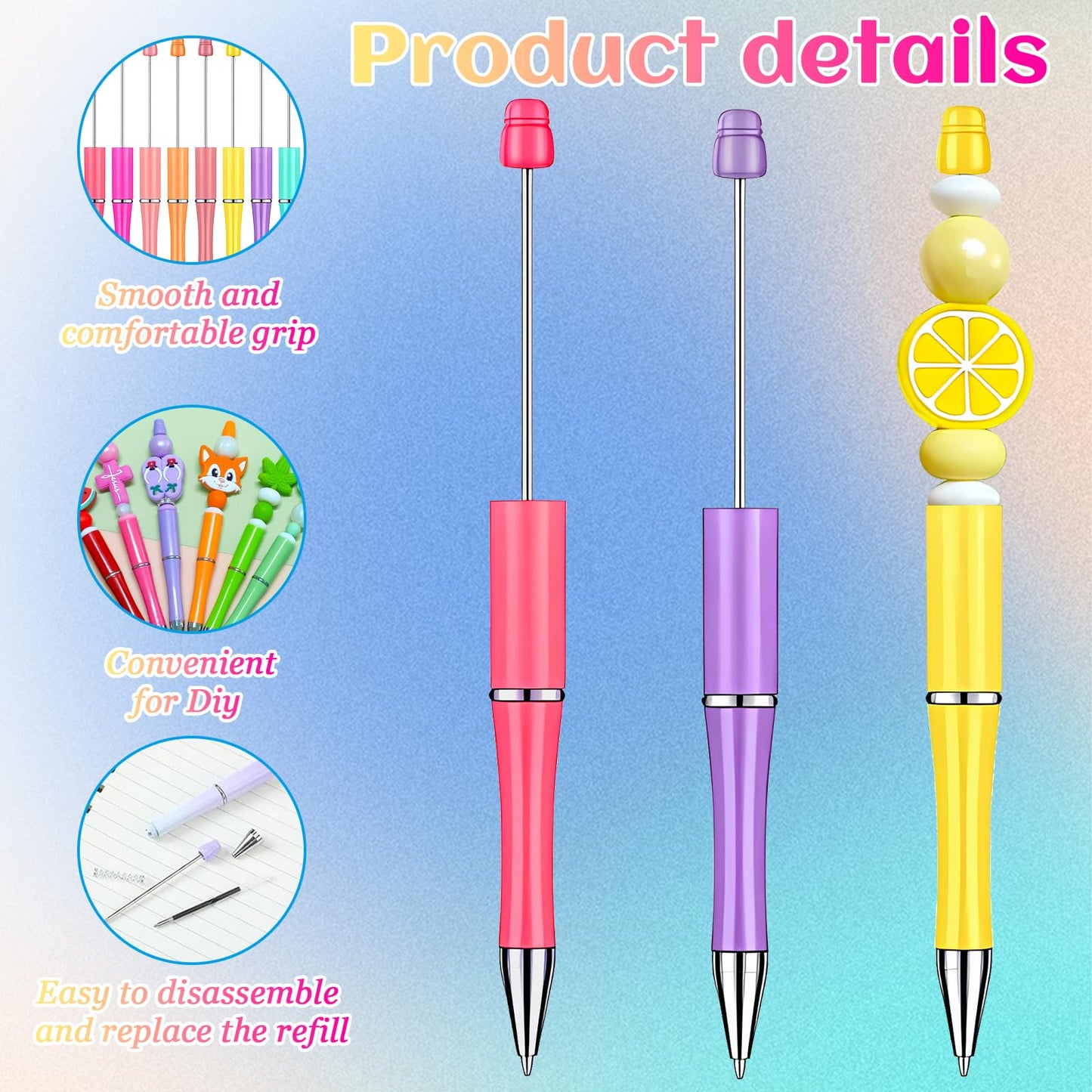 150 Pcs DIY Beadable Pens Kit, 50 Plastic Beadable Pens Bulk with 50 Refills & 50 Pen Bags, Beads Pen Black Ink Ballpoint DIY Crafting Pen for School Office Christmas Gifts