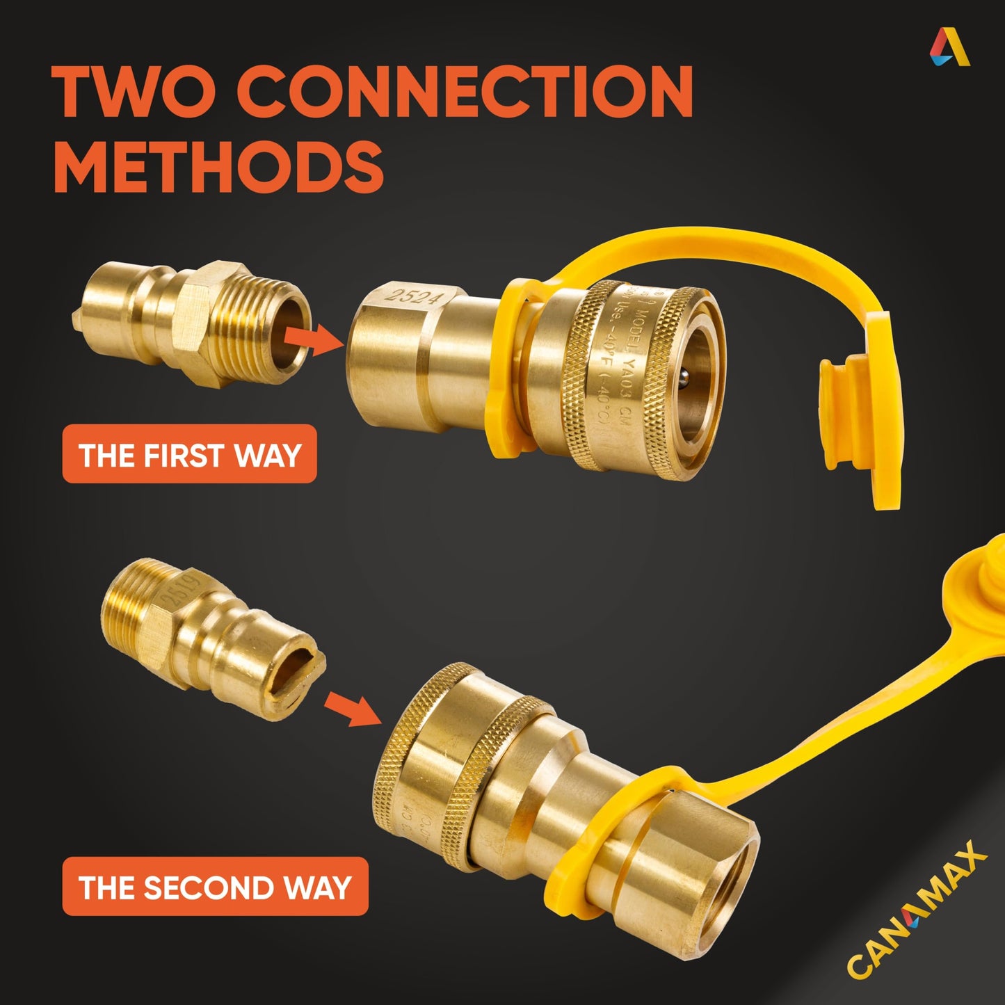 1/2-Inch Solid Brass Quick Connect & Disconnect Fitting Kit by Canamax – Female & Male Connector Set for Natural Gas Appliances, Heater or Grill (Accessory Only, No Gas Included)