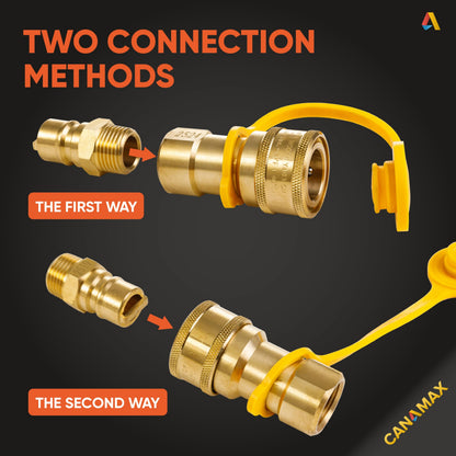 1/2-Inch Solid Brass Quick Connect & Disconnect Fitting Kit by Canamax – Female & Male Connector Set for Natural Gas Appliances, Heater or Grill (Accessory Only, No Gas Included)