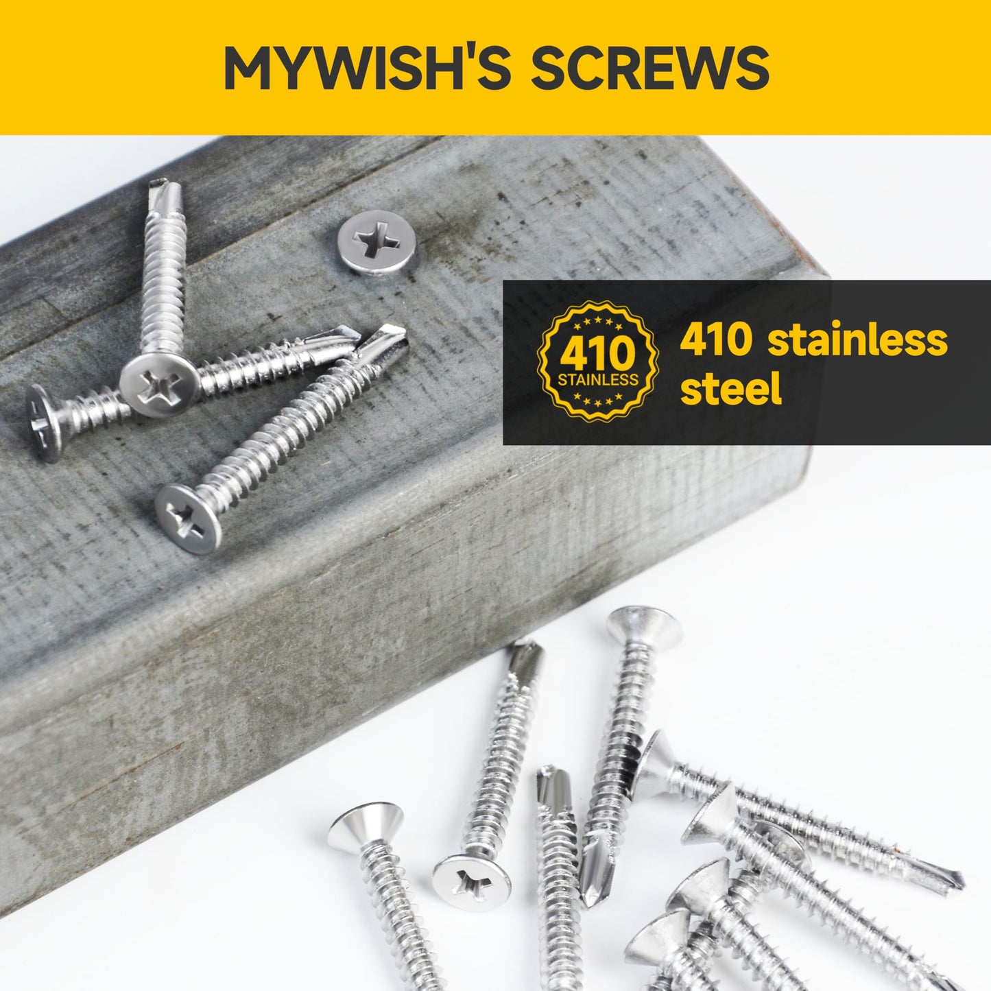 Mywish (200Pcs) #10 x 1-1/4" Self Tapping Screws for Metal, Stainless Steel Flat Phillips Head Sheet Metal Screws, Bright Finish Mouting Self Drilling Screws for Metal Plastic & Wood